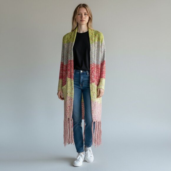 525 America Multicolor knit fringe cardigan sweater open front long duster S - Picture 1 of 6